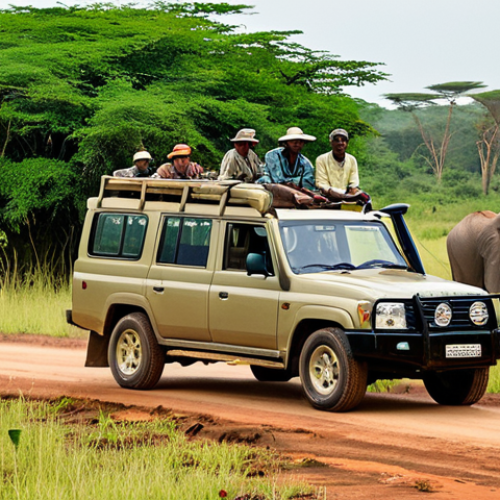 Home 4 Bengdari National Park Safari**
"A group of fully clothed tourists in a safari vehicle observing elephants in their natural habitat within Bendjari National Park, Benin. The landscape features savanna grasslands and scattered trees. Professional photography, perfect anatomy, natural pose, appropriate content, safe for work, family-friendly."
**