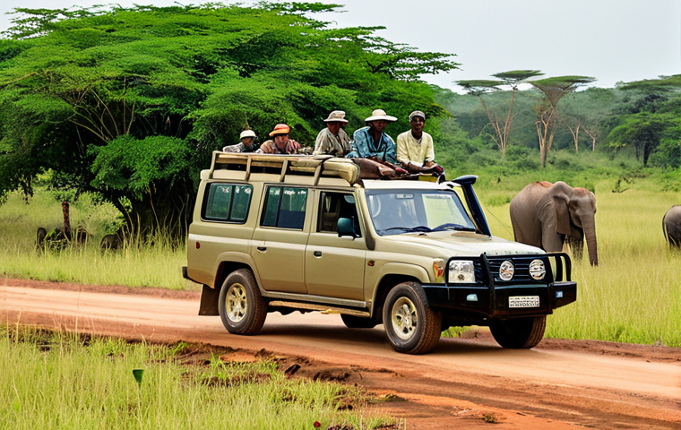 Bengdari National Park Safari**

"A group of fully clothed tourists in a safari vehicle observing elephants in their natural habitat within Bendjari National Park, Benin. The landscape features savanna grasslands and scattered trees. Professional photography, perfect anatomy, natural pose, appropriate content, safe for work, family-friendly."

**